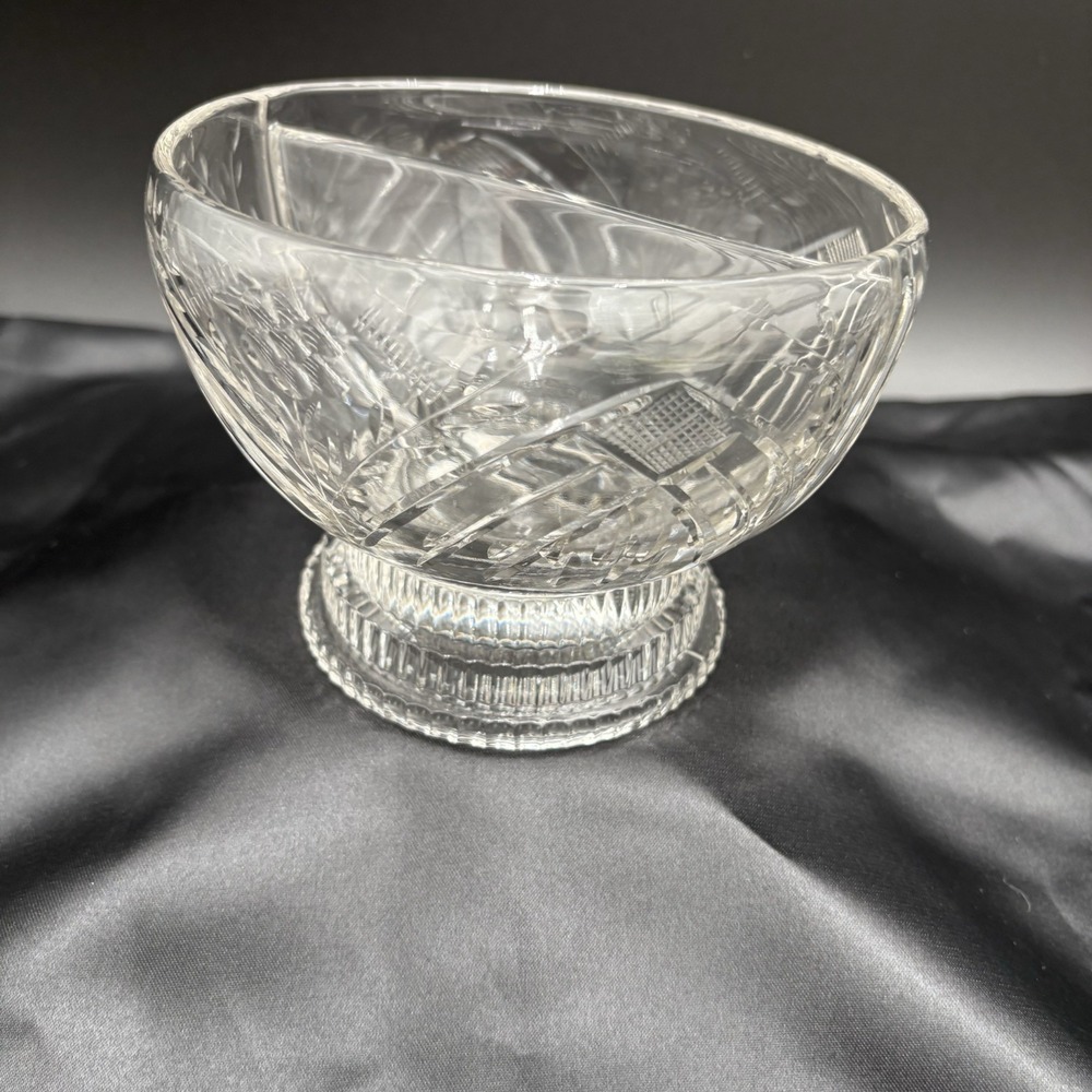 Vintage Footed Crystal Glass Bowl Divided  2 Sections Etched Flowers Leaves 5.5"